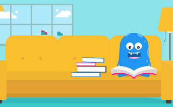 Personnage Copey bleu en forme de haricot assis sur un canapé en train de lire un livre