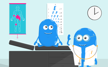 Personnages Copey bleus en forme de haricot représentant un patient assis sur un lit d'examen et un médecin debout sur le côté avec un stéthoscope