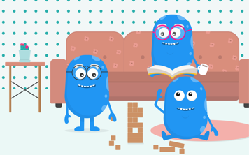 Deux personnages de Copey jouant Jenga, et un troisième personnage est assis sur un canapé avec un livre sur les genoux.