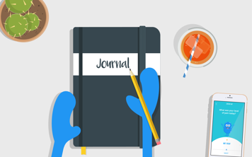 Mains bleues illustrées tenant un crayon sur un journal fermé sur un bureau