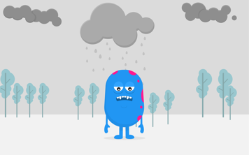 Personnage Copey bleu en forme de haricot debout sous un nuage de pluie