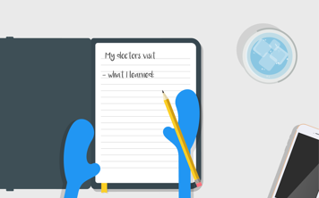 Overhead view of Copey writing notes about their doctor's appointment in a notebook