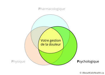 Diagramme de Venn. Chaque cercle repr&eacute;sente un des 3P de la gestion de la douleur. Le mot psychologique est mis en &eacute;vidence